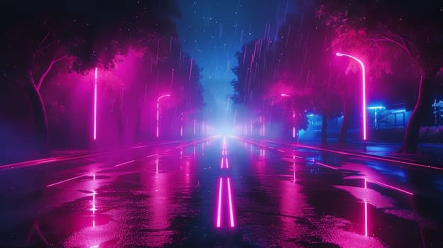 A street with neon lights and a tree in the background