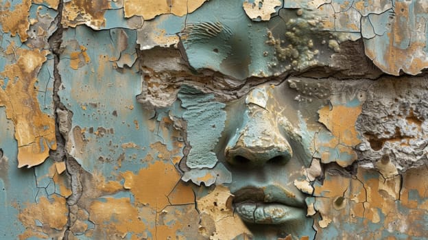 A face painted on a peeling wall with the eyes missing