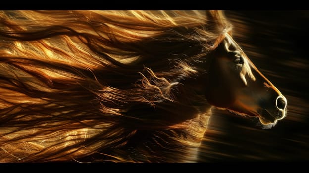 A close up of a horse with its hair blowing in the wind