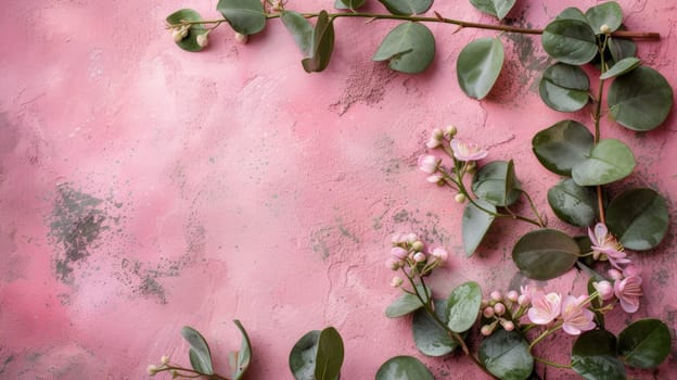 A pink painted wall with a green plant and flowers