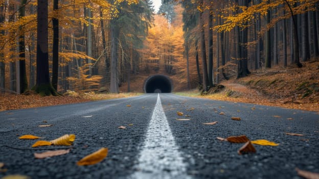 A road with a tunnel in the middle of it and leaves on both sides