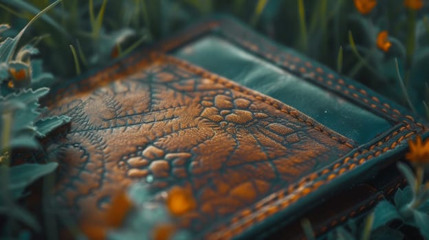 A close up of a wallet sitting in some grass