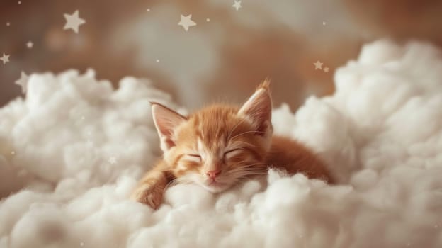 A small orange cat sleeping on a cloud with stars in the background