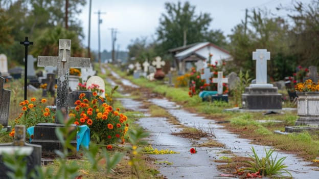 A cemetery with many tombstones and flowers in the background