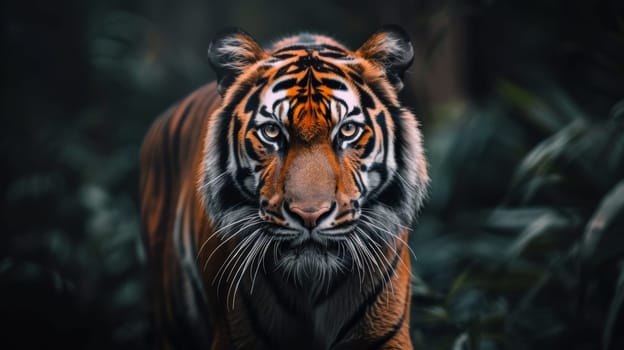 A tiger is walking through the woods with a dark background