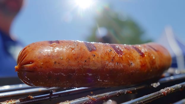 A large hot dog on a grill with some people in the background