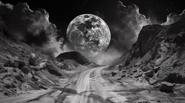 A black and white photo of a road leading to the moon