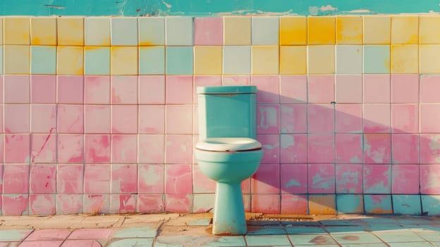 A toilet sitting in front of a colorful tiled wall