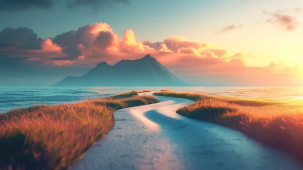 A path leading to a mountain in the distance at sunset