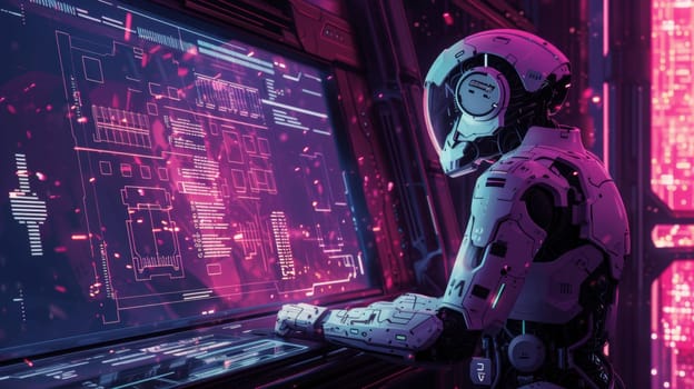 A robot is looking at a computer screen with pink and purple lights