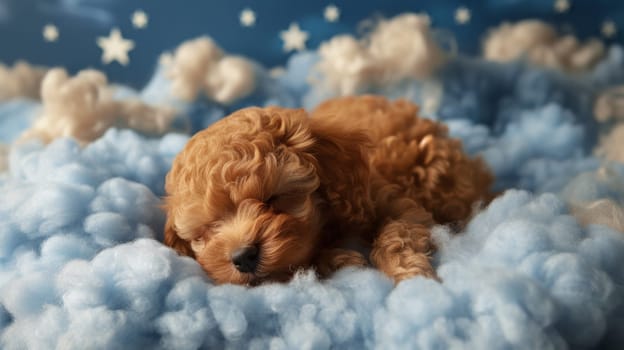 A small brown dog laying on a cloud of fluffy white clouds