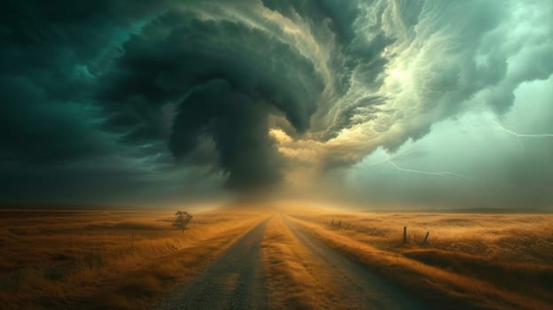 A road leading to a field with storm clouds in the distance