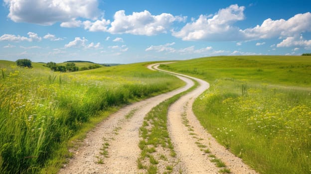 A dirt road in a grassy field with clouds and blue sky