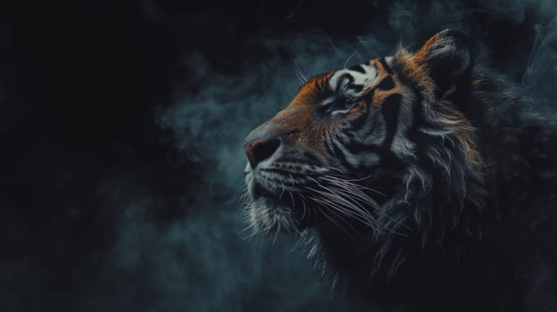 A tiger is looking up into the dark smokey sky