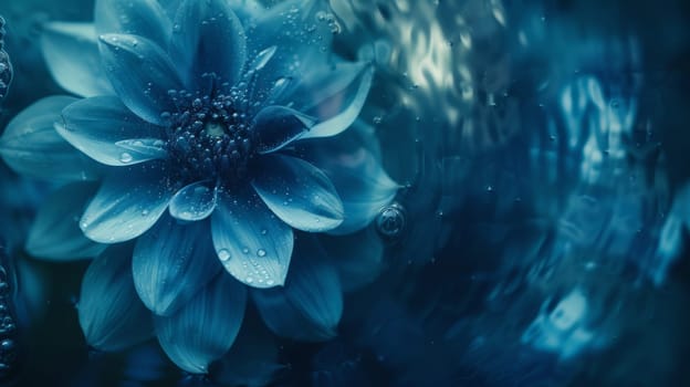 A close up of a blue flower with water droplets on it