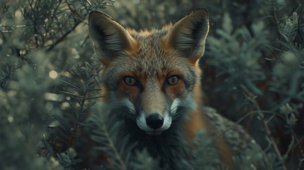 A close up of a fox in the woods with leaves
