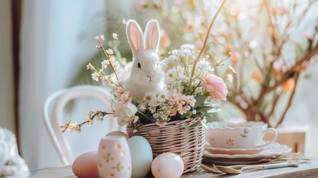 A table with a basket of flowers and eggs on it