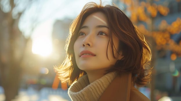 A woman with brown hair wearing a coat standing in the sun