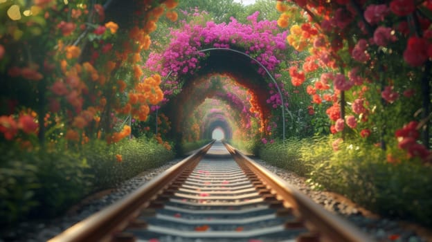 A train track with a tunnel of flowers and trees