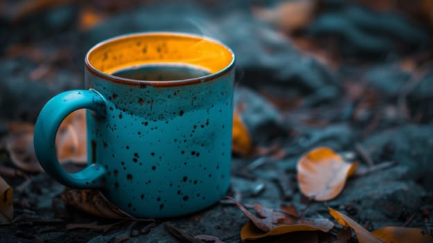 A blue coffee cup sitting on a pile of leaves and rocks