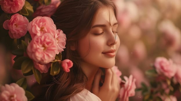 A woman with her eyes closed and flowers in front of her