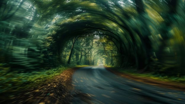 A blurry picture of a road going through the woods