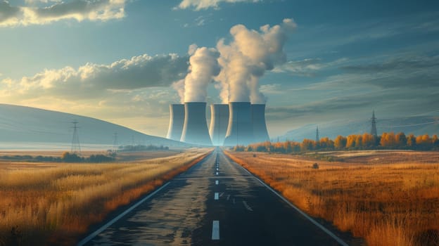 A road with a power plant in the background and trees