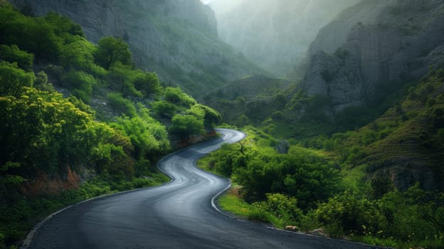 A winding road in the mountains with a green forest on either side