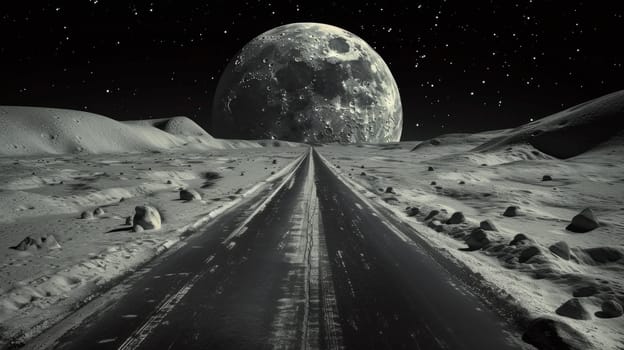 A road leading to the moon in a black and white photo