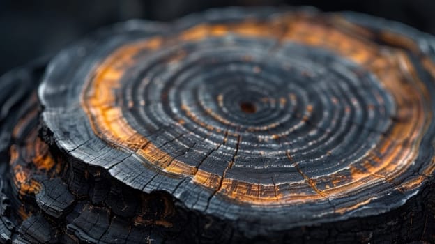 A close up of a burnt tree stump with orange and yellow rings