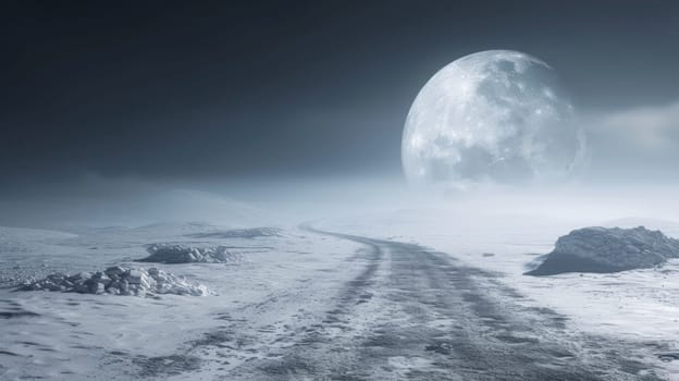 A road leading to a snowy area with the moon in the background