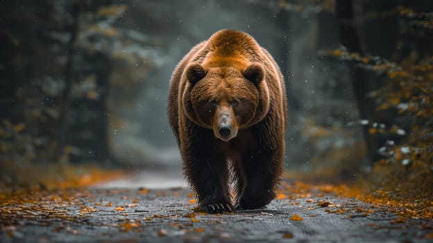 A brown bear walking on a road in the woods