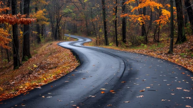 A road in the woods with leaves on it and a leaf covered tree