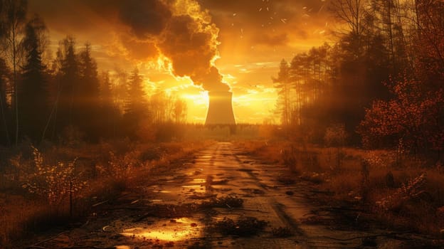 A road with a smoke stack in the distance and trees