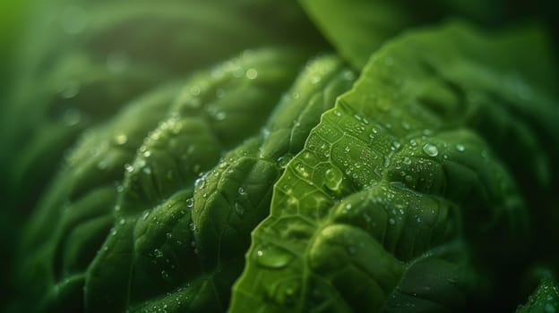 A close up of a green leaf with water droplets on it