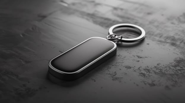 A key chain with a small rectangular object on it