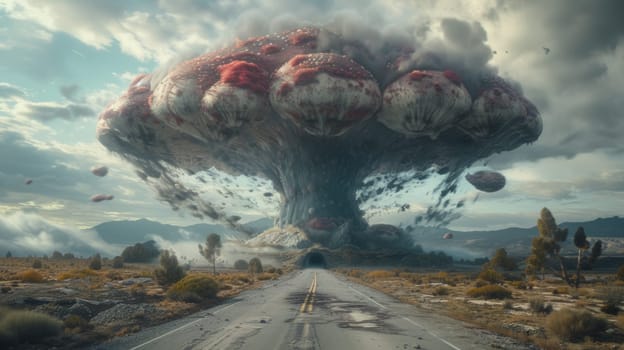 A road leading to a mushroom cloud in the sky