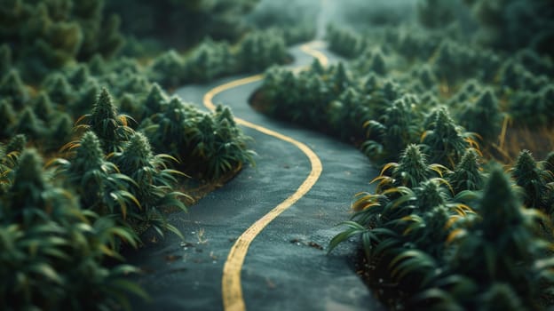 A road winding through a forest of marijuana plants