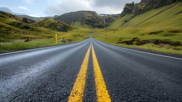 A road with a yellow line on it going through the mountains