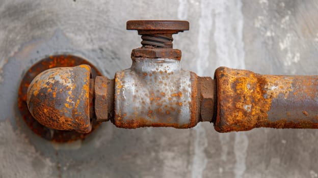 A rusty pipe with a valve on it and some rust