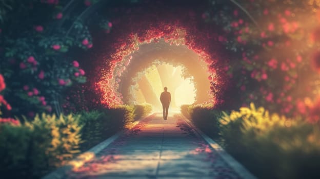 A man walking down a path through an archway of flowers