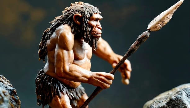 An ancient man with a spear on a hunt. Generative AI. High quality photo