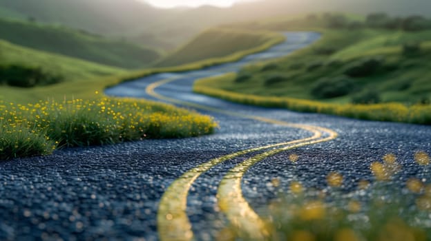 A road with a yellow line painted on it in the middle of grassy hills