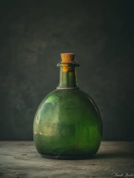 A green bottle with a cork on top sitting in the middle of a table