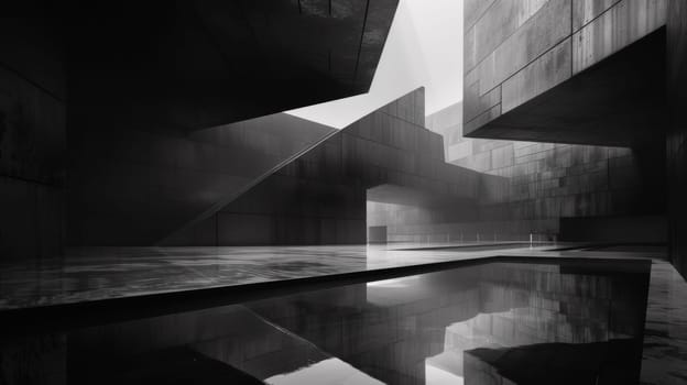 A black and white photo of a building with some water