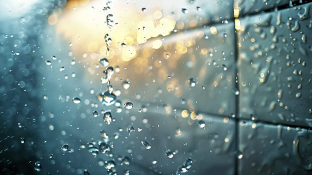 A close up of a shower with water droplets on the glass