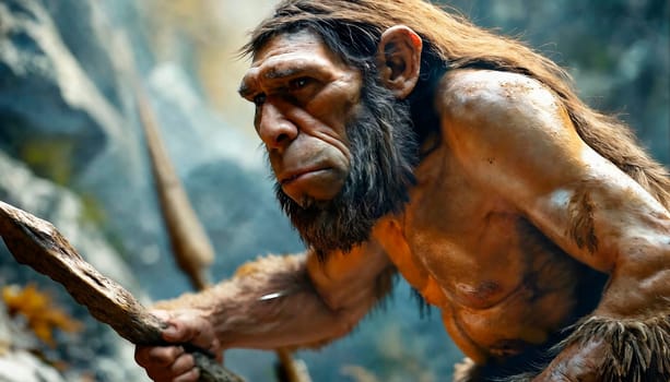 An ancient man with a spear on a hunt. Generative AI. High quality photo
