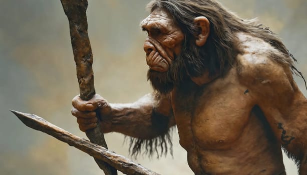 An ancient man with a spear on a hunt. Generative AI. High quality photo