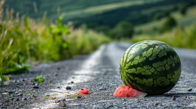 A watermelon on the side of a road with some dirt