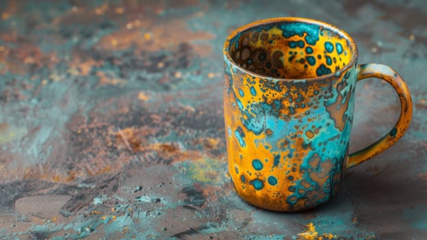 A coffee cup with a blue and yellow pattern on it